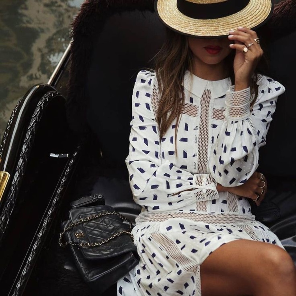 Self-Portrait White and Blue Long Sleeve Dress in Size 4